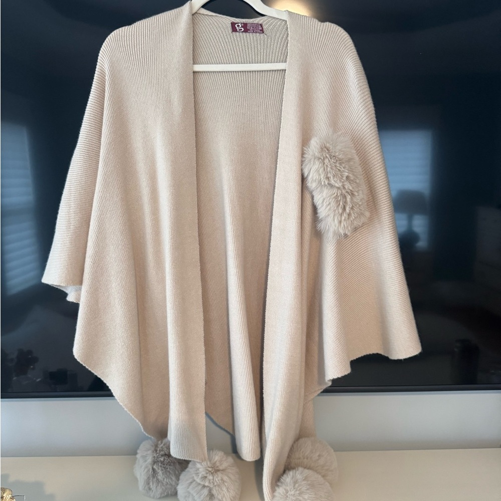 Cream Knit Poncho with Pom Poms